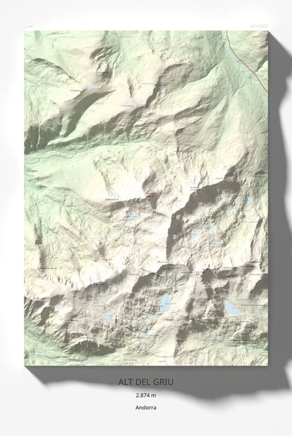 Mapa de relieve de Alt del Griu, 2874 m, Andorra, lámina 100 Cims de Trobart 61 × 91 cm.