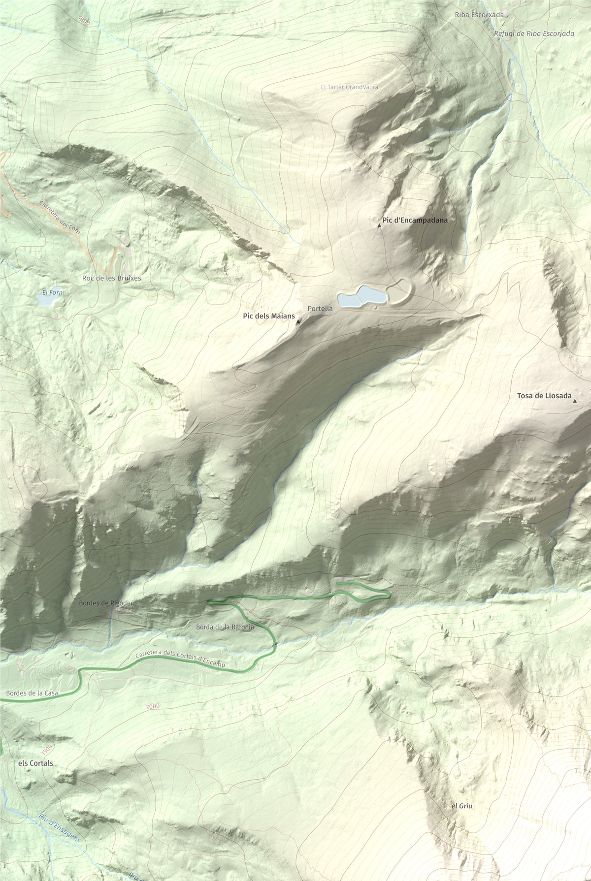 Mapa de relieve de Alt del Griu, 2874 m, Andorra, lámina 100 Cims de Trobart. Detalle de la zona superior izquierda. 61 × 91 cm.