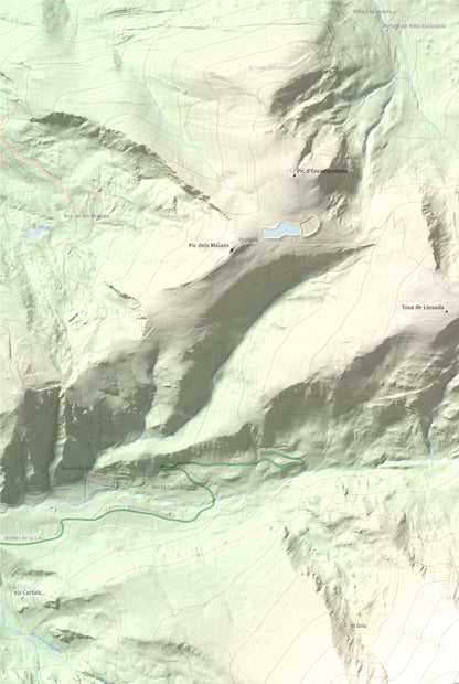 Mapa de relieve de Alt del Griu, 2874 m, Andorra, lámina 100 Cims de Trobart. Detalle de la zona superior izquierda. 61 × 91 cm.