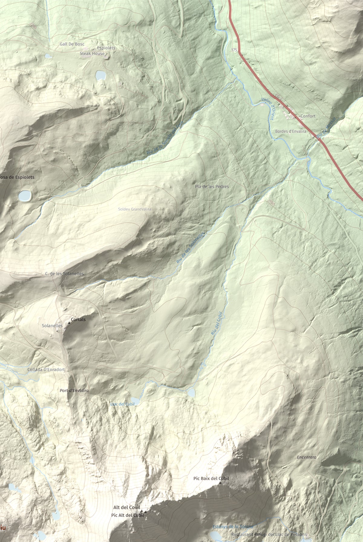 Mapa de relieve de Alt del Griu, 2874 m, Andorra, lámina 100 Cims de Trobart. Detalle de la zona superior derecha. 61 × 91 cm.