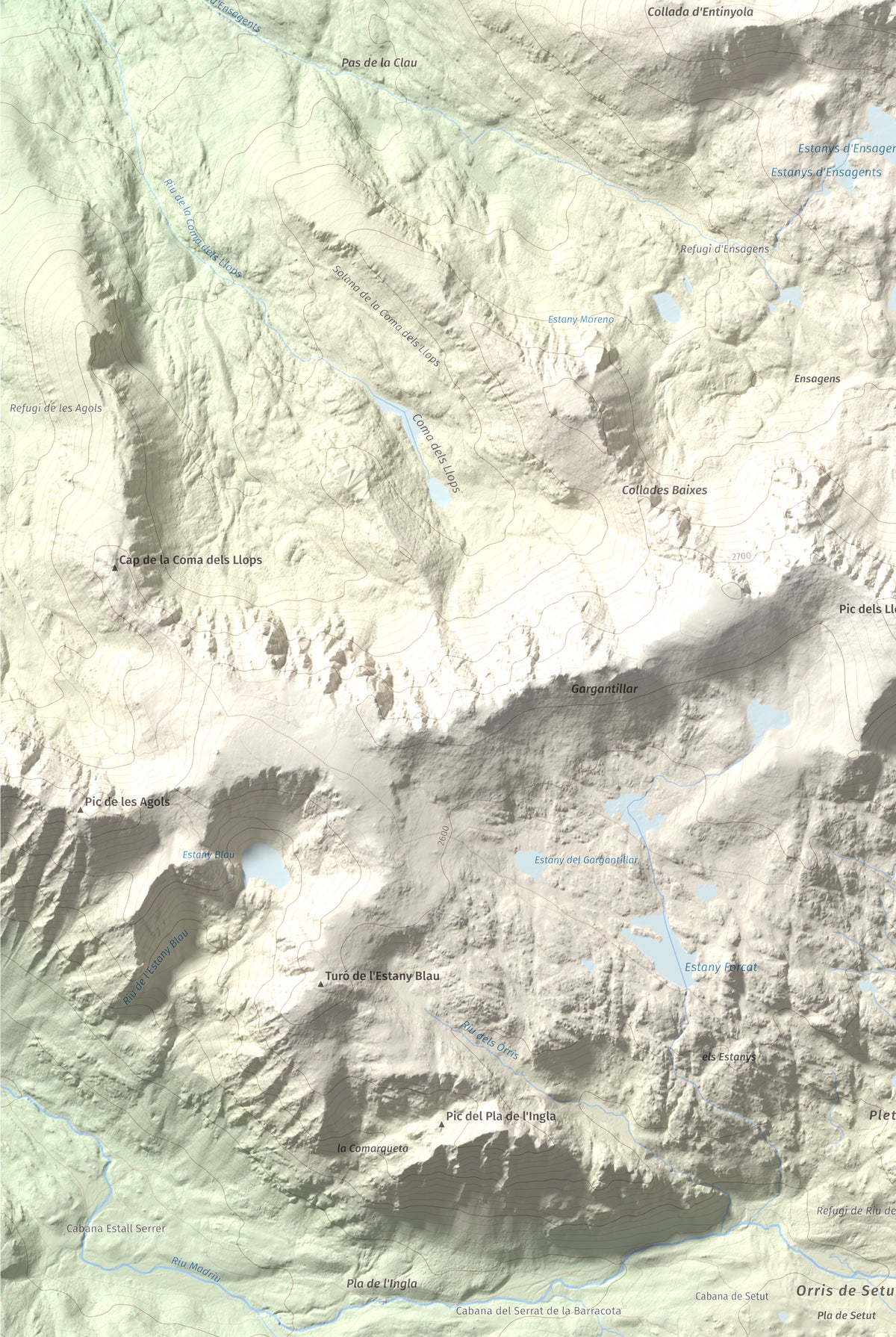 Mapa de relieve de Alt del Griu, 2874 m, Andorra, lámina 100 Cims de Trobart. Detalle de la zona inferior izquierda. 61 × 91 cm.