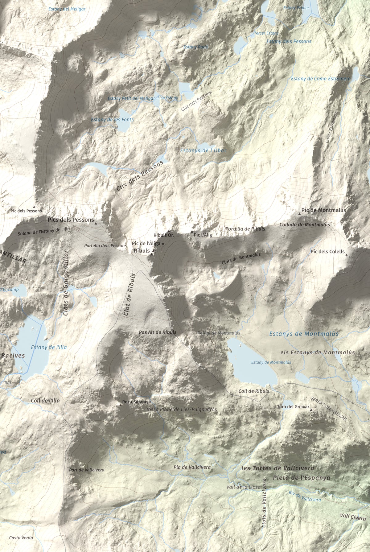 Mapa de relieve de Alt del Griu, 2874 m, Andorra, lámina 100 Cims de Trobart. Detalle de la zona inferior derecha. 61 × 91 cm.