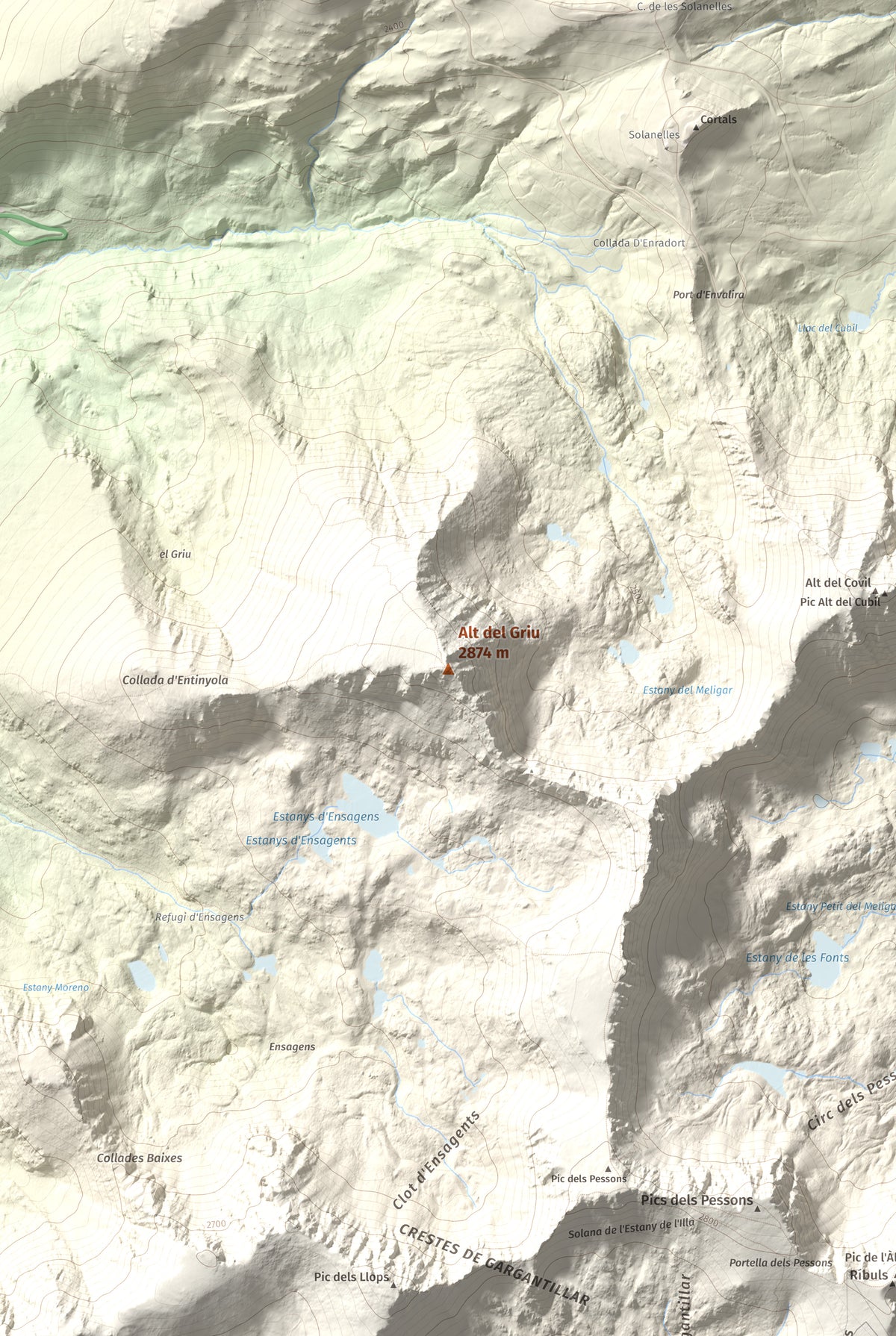 Mapa de relieve de Alt del Griu, 2874 m, Andorra, lámina 100 Cims de Trobart. Detalle de la zona central. 61 × 91 cm.