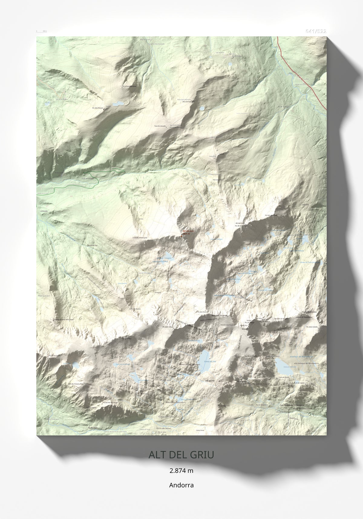 Mapa de relieve de Alt del Griu, 2874 m, Andorra, lámina 100 Cims de Trobart 70 × 100 cm.