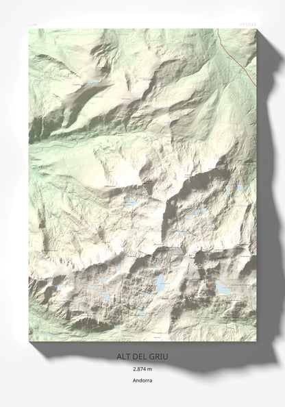 Mapa de relieve de Alt del Griu, 2874 m, Andorra, lámina 100 Cims de Trobart 70 × 100 cm.