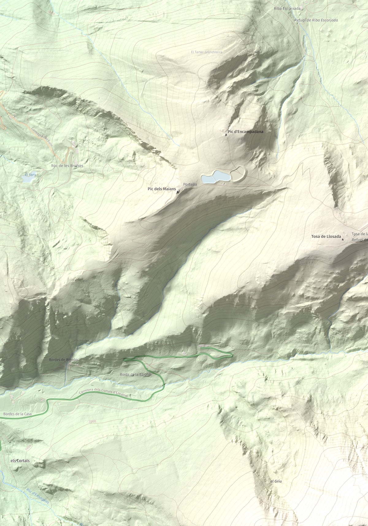 Mapa de relieve de Alt del Griu, 2874 m, Andorra, lámina 100 Cims de Trobart. Detalle de la zona superior izquierda. 70 × 100 cm.