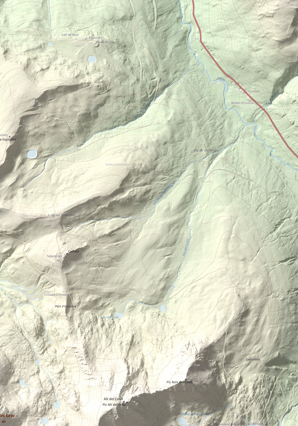 Mapa de relieve de Alt del Griu, 2874 m, Andorra, lámina 100 Cims de Trobart. Detalle de la zona superior derecha. 70 × 100 cm.