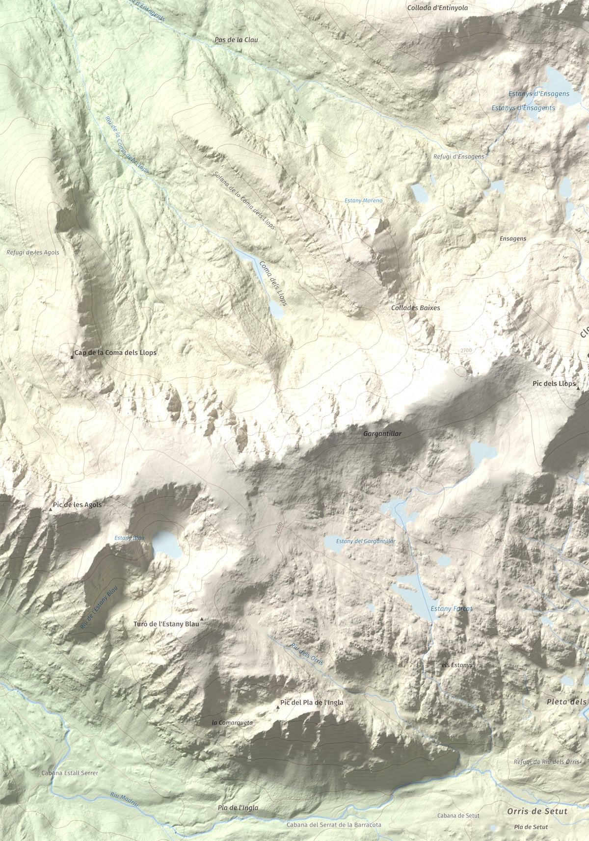 Mapa de relieve de Alt del Griu, 2874 m, Andorra, lámina 100 Cims de Trobart. Detalle de la zona inferior izquierda. 70 × 100 cm.