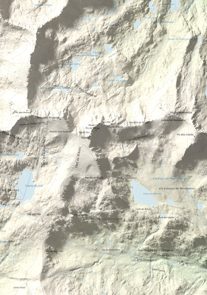 Mapa de relieve de Alt del Griu, 2874 m, Andorra, lámina 100 Cims de Trobart. Detalle de la zona inferior derecha. 70 × 100 cm.