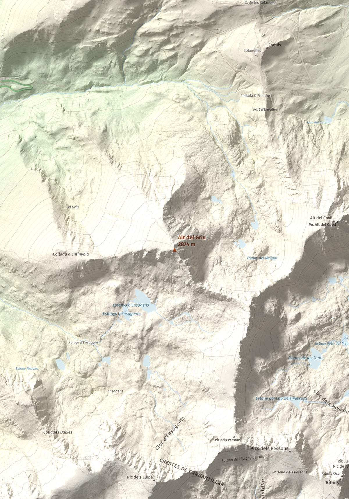 Mapa de relieve de Alt del Griu, 2874 m, Andorra, lámina 100 Cims de Trobart. Detalle de la zona central. 70 × 100 cm.
