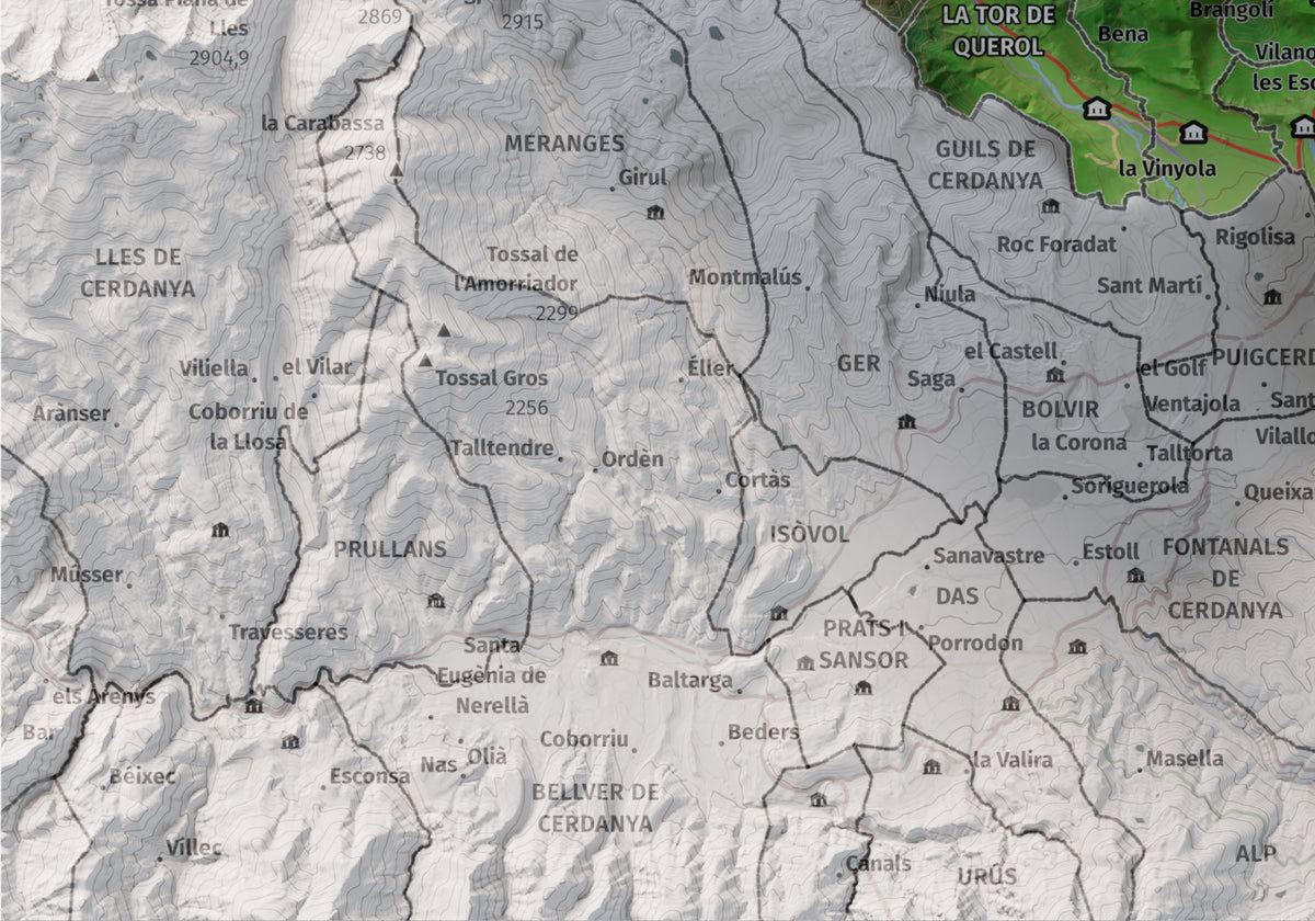 Mapa de relieve de la Alta Cerdanya, con el territorio en color y el entorno en blanco. Detalle de la zona inferior izquierda. 21 × 30 cm. Estilo Clásico.