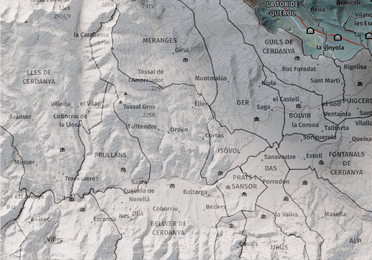 Mapa de relieve de la Alta Cerdanya, con el territorio en color y el entorno en blanco. Detalle de la zona inferior izquierda. 21 × 30 cm. Estilo Contrastado.