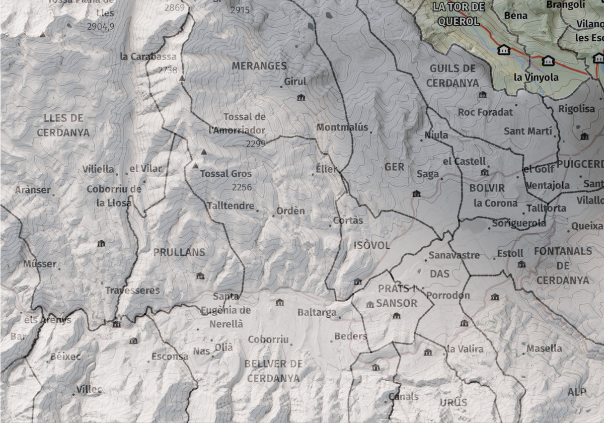 Mapa de relieve de la Alta Cerdanya, con el territorio en color y el entorno en blanco. Detalle de la zona inferior izquierda. 21 × 30 cm. Estilo Cartográfico.