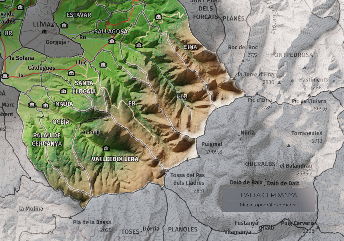 Mapa de relieve de la Alta Cerdanya, con el territorio en color y el entorno en blanco. Detalle de la zona inferior derecha. 21 × 30 cm. Estilo Clásico.