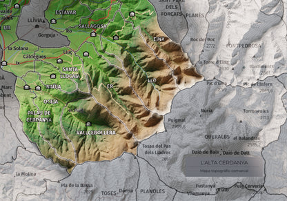 Mapa de relieve de la Alta Cerdanya, con el territorio en color y el entorno en blanco. Detalle de la zona inferior derecha. 21 × 30 cm. Estilo Clásico.