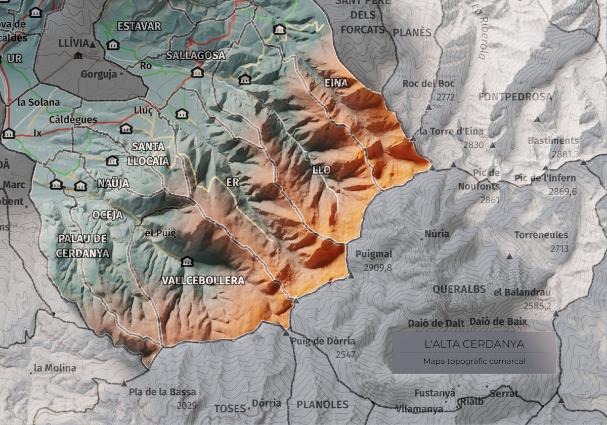 Mapa de relieve de la Alta Cerdanya, con el territorio en color y el entorno en blanco. Detalle de la zona inferior derecha. 21 × 30 cm. Estilo Contrastado.