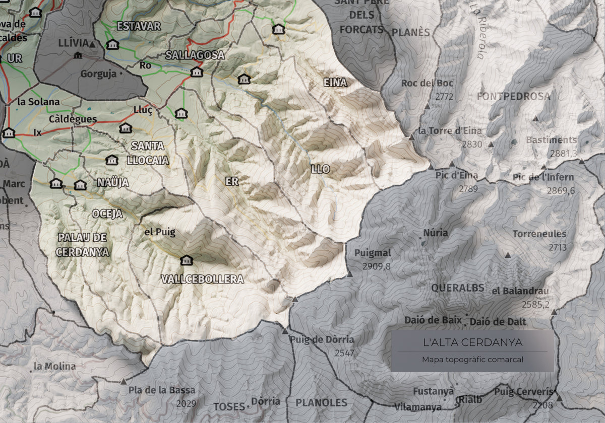 Mapa de relieve de la Alta Cerdanya, con el territorio en color y el entorno en blanco. Detalle de la zona inferior derecha. 21 × 30 cm. Estilo Cartográfico.