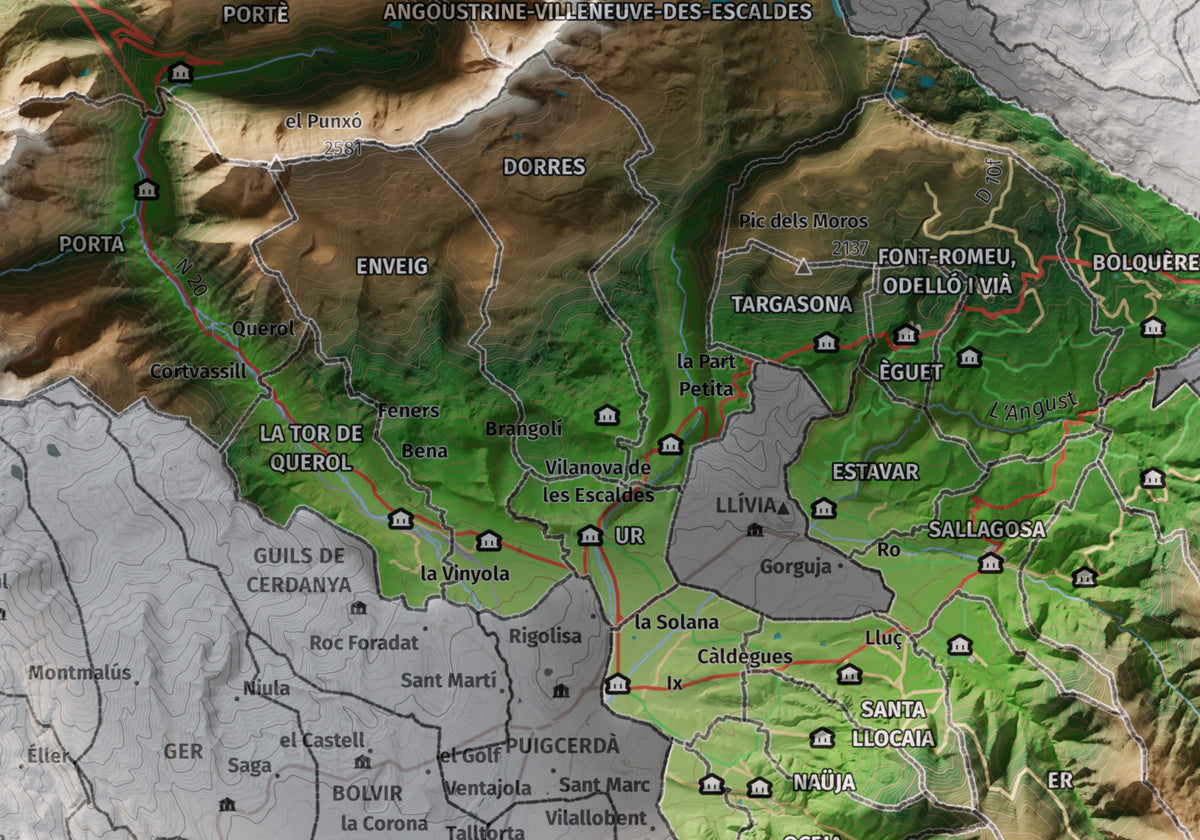 Mapa de relieve de la Alta Cerdanya, con el territorio en color y el entorno en blanco. Detalle de la zona central. 21 × 30 cm. Estilo Clásico.