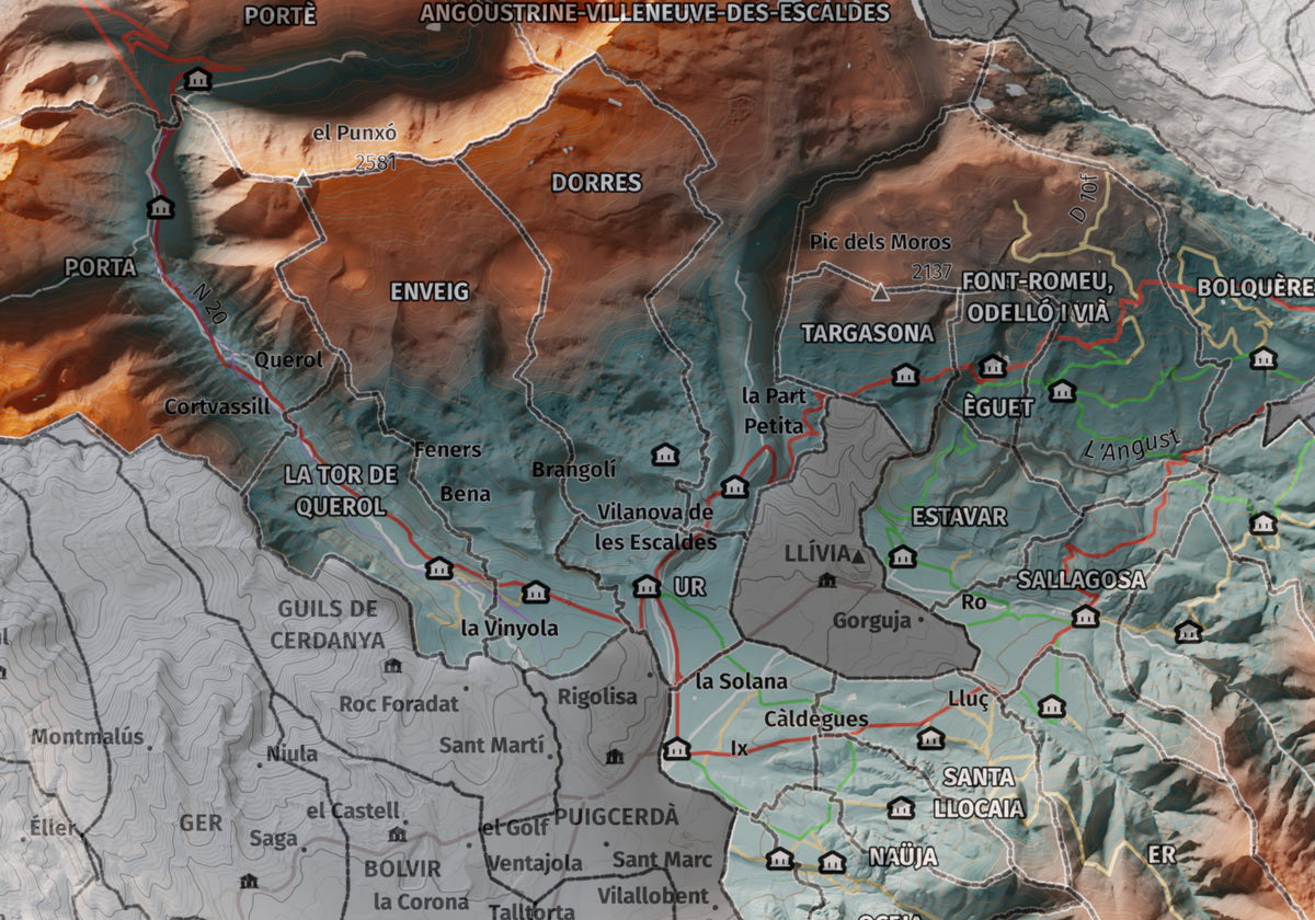 Mapa de relieve de la Alta Cerdanya, con el territorio en color y el entorno en blanco. Detalle de la zona central. 21 × 30 cm. Estilo Contrastado.