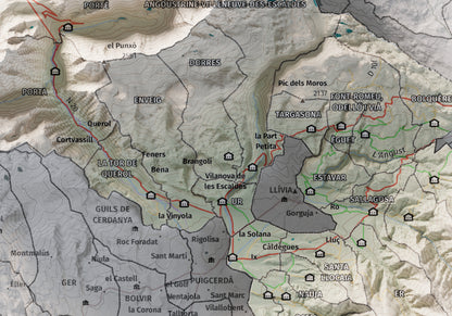 Mapa de relieve de la Alta Cerdanya, con el territorio en color y el entorno en blanco. Detalle de la zona central. 21 × 30 cm. Estilo Cartográfico.