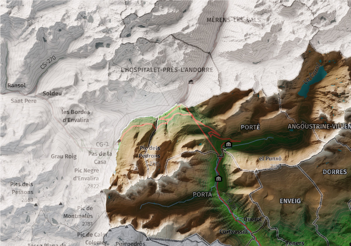 Mapa de relieve de la Alta Cerdanya, con el territorio en color y el entorno en blanco. Detalle de la zona superior izquierda. 21 × 30 cm. Estilo Clásico.