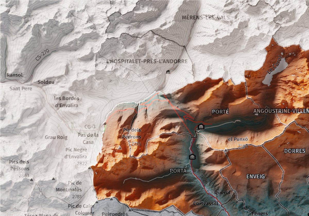 Mapa de relieve de la Alta Cerdanya, con el territorio en color y el entorno en blanco. Detalle de la zona superior izquierda. 21 × 30 cm. Estilo Contrastado.