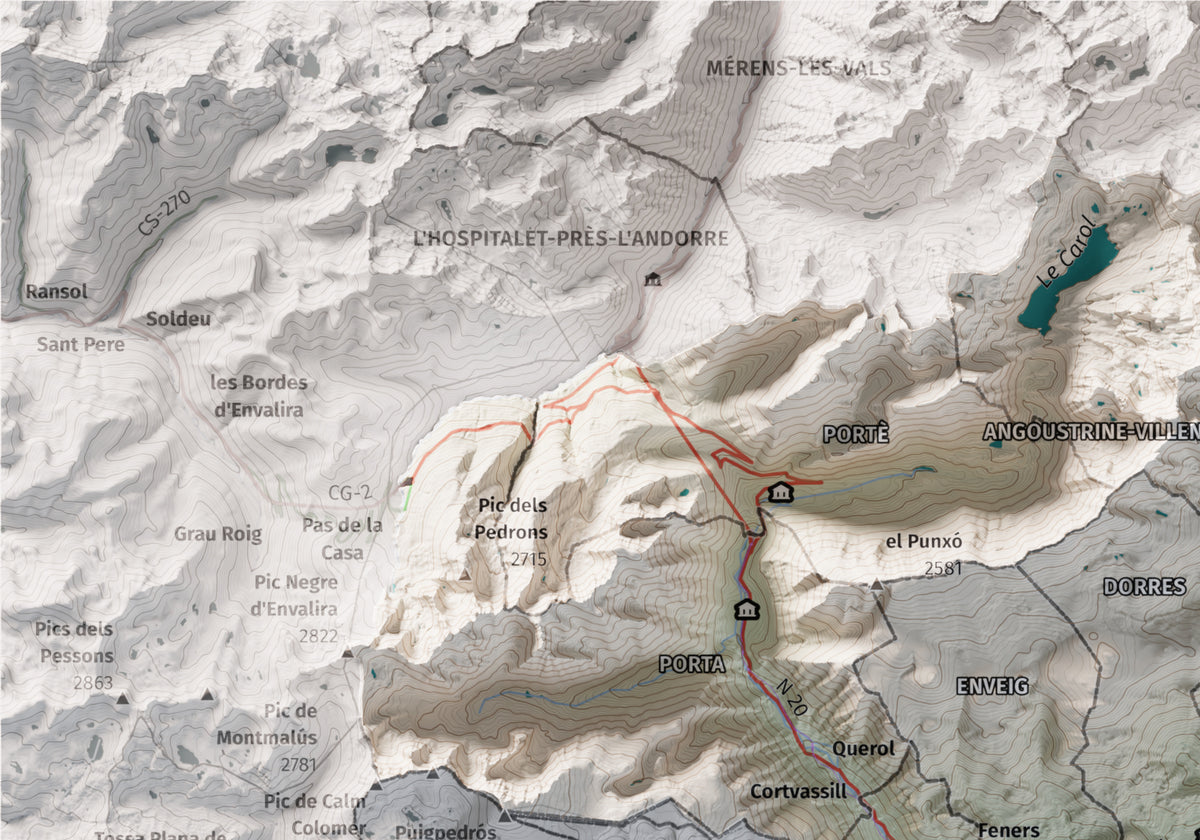 Mapa de relieve de la Alta Cerdanya, con el territorio en color y el entorno en blanco. Detalle de la zona superior izquierda. 21 × 30 cm. Estilo Cartográfico.