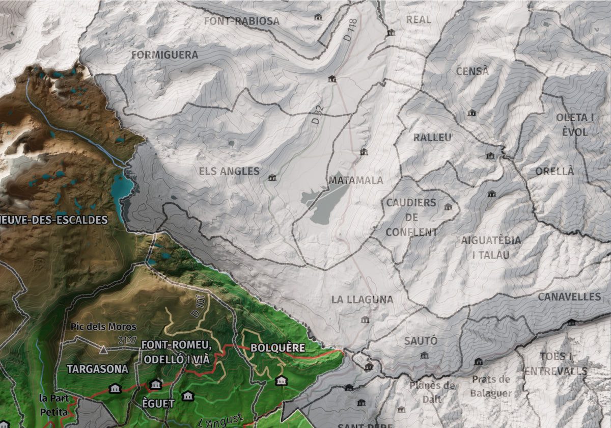 Mapa de relieve de la Alta Cerdanya, con el territorio en color y el entorno en blanco. Detalle de la zona superior derecha. 21 × 30 cm. Estilo Clásico.