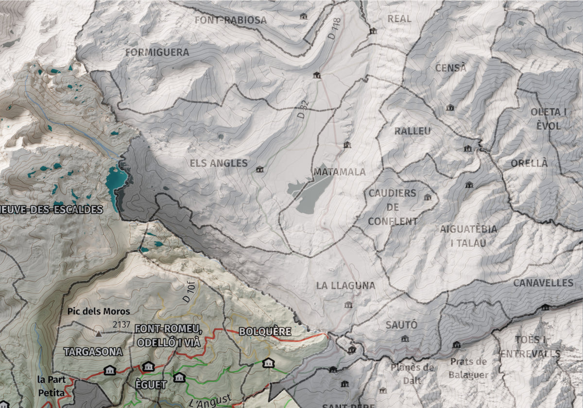 Mapa de relieve de la Alta Cerdanya, con el territorio en color y el entorno en blanco. Detalle de la zona superior derecha. 21 × 30 cm. Estilo Cartográfico.