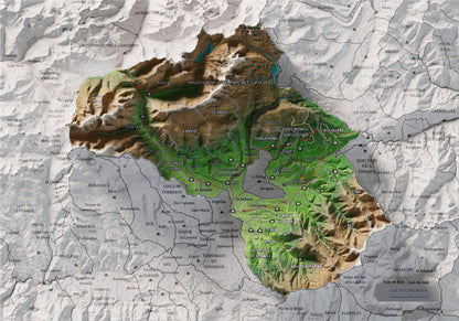 Mapa de relieve de la Alta Cerdanya, con el territorio en color y el entorno en blanco. Vista completa de la lámina. 21 × 30 cm. Estilo Clásico.