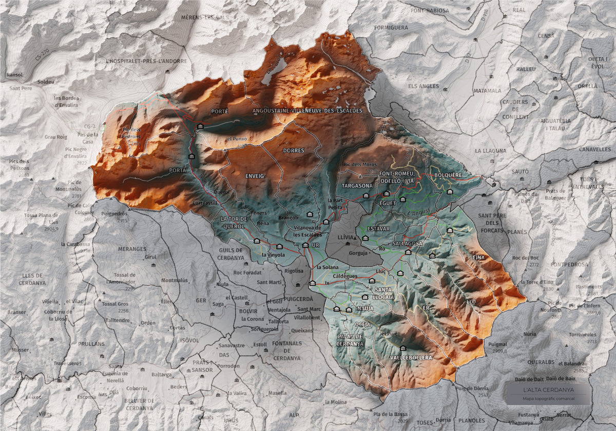 Mapa de relieve de la Alta Cerdanya, con el territorio en color y el entorno en blanco. Vista completa de la lámina. 21 × 30 cm. Estilo Contrastado.