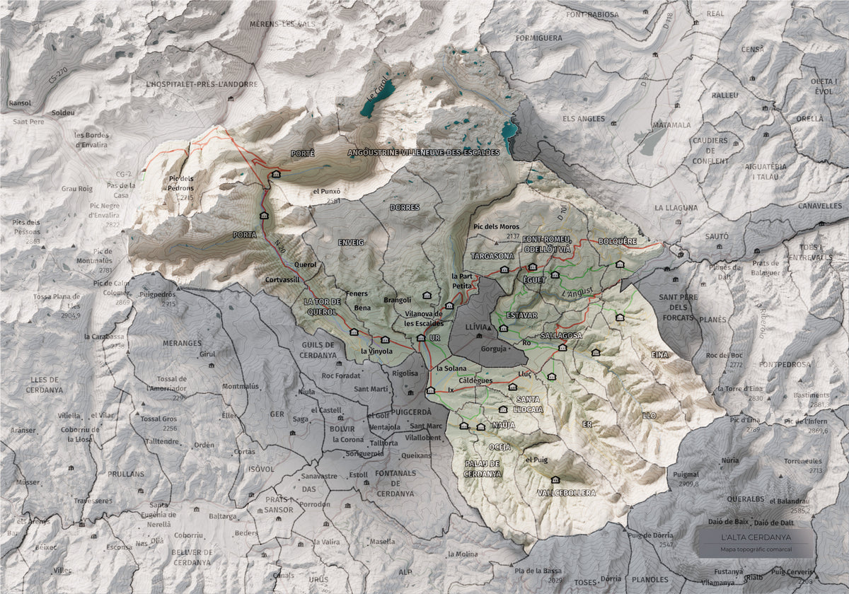 Mapa de relieve de la Alta Cerdanya, con el territorio en color y el entorno en blanco. Vista completa de la lámina. 21 × 30 cm. Estilo Cartográfico.