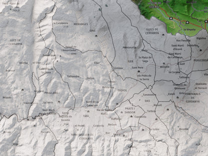 Mapa de relieve de la Alta Cerdanya, con el territorio en color y el entorno en blanco. Detalle de la zona inferior izquierda. 30 × 40 cm. Estilo Clásico.