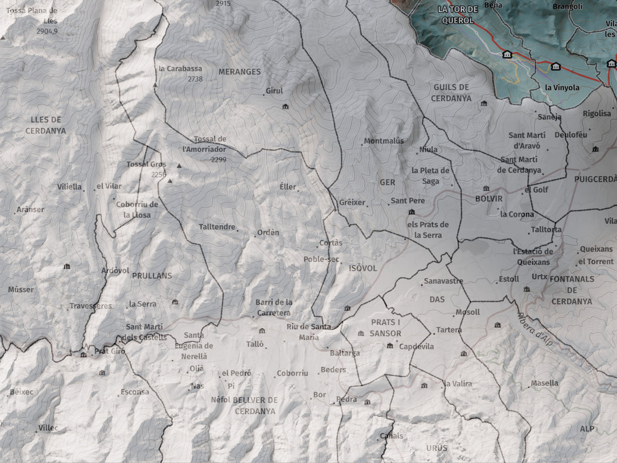 Mapa de relieve de la Alta Cerdanya, con el territorio en color y el entorno en blanco. Detalle de la zona inferior izquierda. 30 × 40 cm. Estilo Contrastado.