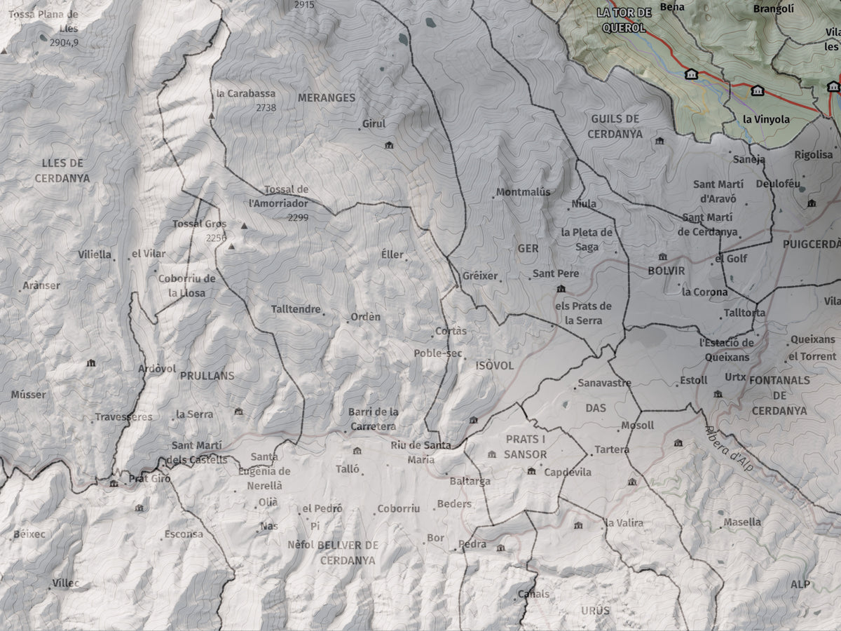 Mapa de relieve de la Alta Cerdanya, con el territorio en color y el entorno en blanco. Detalle de la zona inferior izquierda. 30 × 40 cm. Estilo Cartográfico.