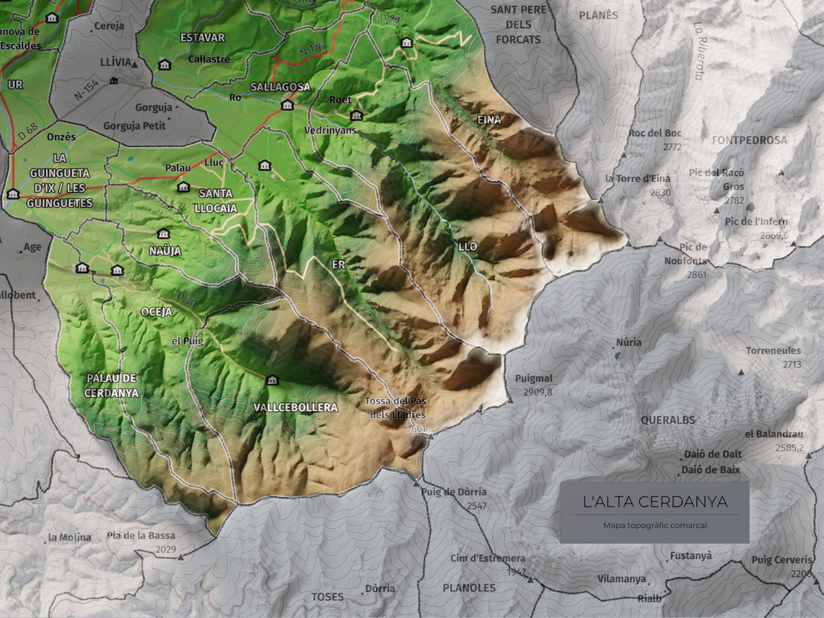 Mapa de relieve de la Alta Cerdanya, con el territorio en color y el entorno en blanco. Detalle de la zona inferior derecha. 30 × 40 cm. Estilo Clásico.