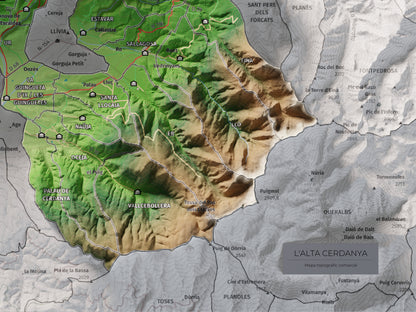 Mapa de relieve de la Alta Cerdanya, con el territorio en color y el entorno en blanco. Detalle de la zona inferior derecha. 30 × 40 cm. Estilo Clásico.