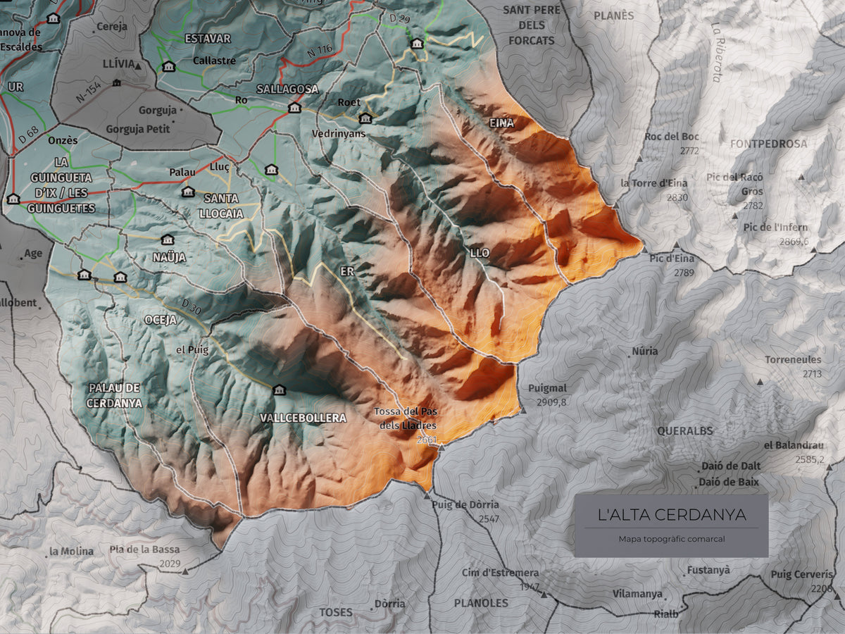 Mapa de relieve de la Alta Cerdanya, con el territorio en color y el entorno en blanco. Detalle de la zona inferior derecha. 30 × 40 cm. Estilo Contrastado.