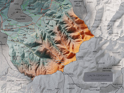 Mapa de relieve de la Alta Cerdanya, con el territorio en color y el entorno en blanco. Detalle de la zona inferior derecha. 30 × 40 cm. Estilo Contrastado.