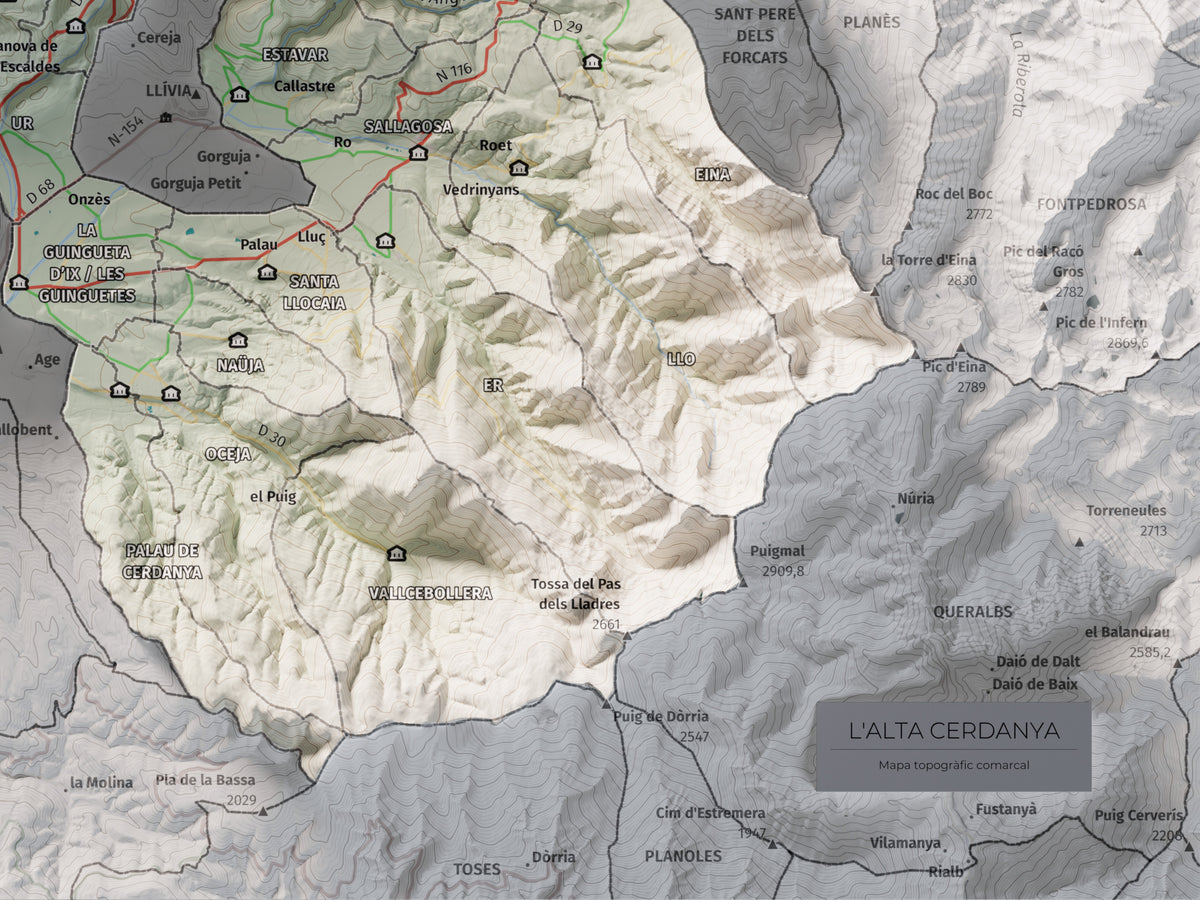 Mapa de relieve de la Alta Cerdanya, con el territorio en color y el entorno en blanco. Detalle de la zona inferior derecha. 30 × 40 cm. Estilo Cartográfico.