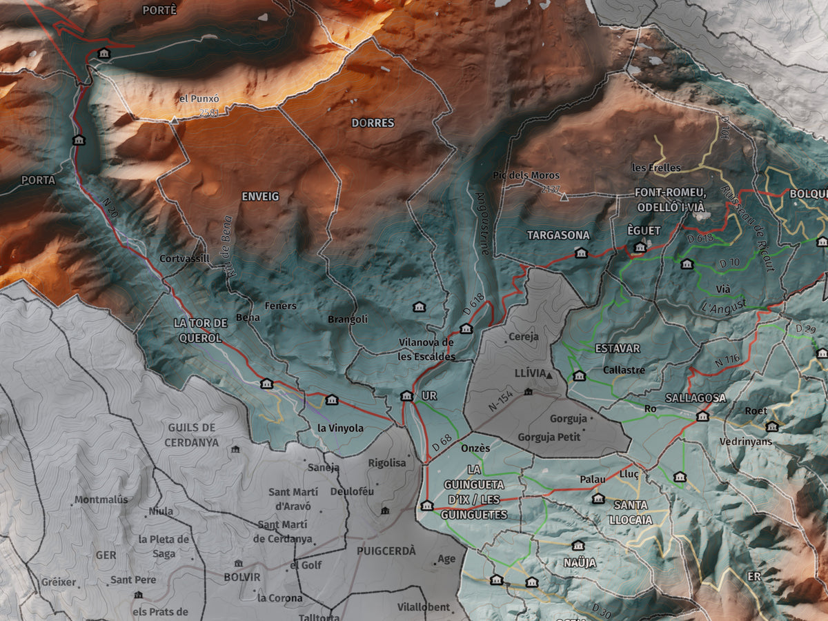 Mapa de relieve de la Alta Cerdanya, con el territorio en color y el entorno en blanco. Detalle de la zona central. 30 × 40 cm. Estilo Contrastado.