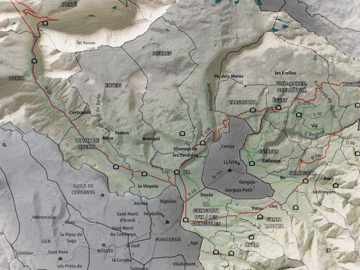 Mapa de relieve de la Alta Cerdanya, con el territorio en color y el entorno en blanco. Detalle de la zona central. 30 × 40 cm. Estilo Cartográfico.
