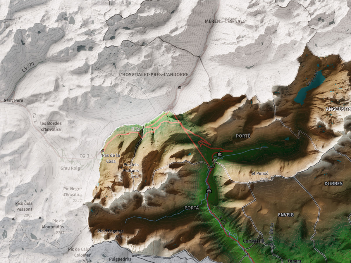 Mapa de relieve de la Alta Cerdanya, con el territorio en color y el entorno en blanco. Detalle de la zona superior izquierda. 30 × 40 cm. Estilo Clásico.