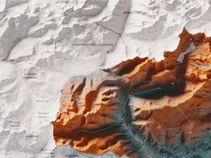 Mapa de relieve de la Alta Cerdanya, con el territorio en color y el entorno en blanco. Detalle de la zona superior izquierda. 30 × 40 cm. Estilo Contrastado.