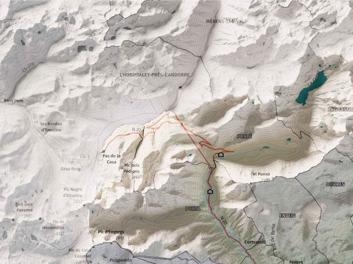 Mapa de relieve de la Alta Cerdanya, con el territorio en color y el entorno en blanco. Detalle de la zona superior izquierda. 30 × 40 cm. Estilo Cartográfico.