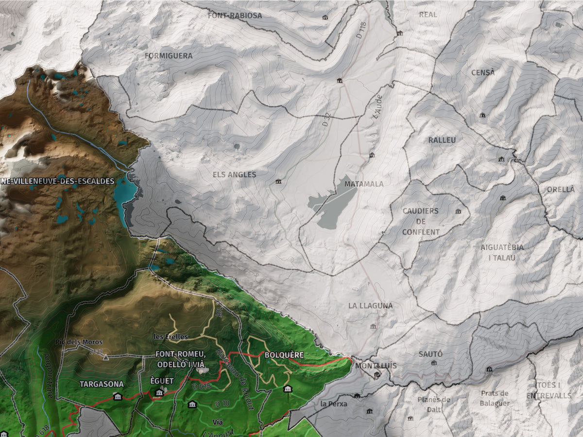 Mapa de relieve de la Alta Cerdanya, con el territorio en color y el entorno en blanco. Detalle de la zona superior derecha. 30 × 40 cm. Estilo Clásico.