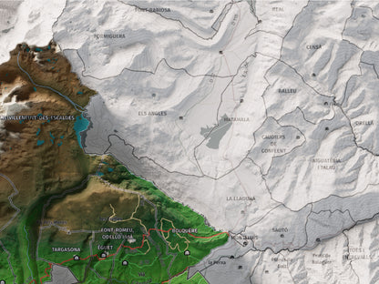 Mapa de relieve de la Alta Cerdanya, con el territorio en color y el entorno en blanco. Detalle de la zona superior derecha. 30 × 40 cm. Estilo Clásico.