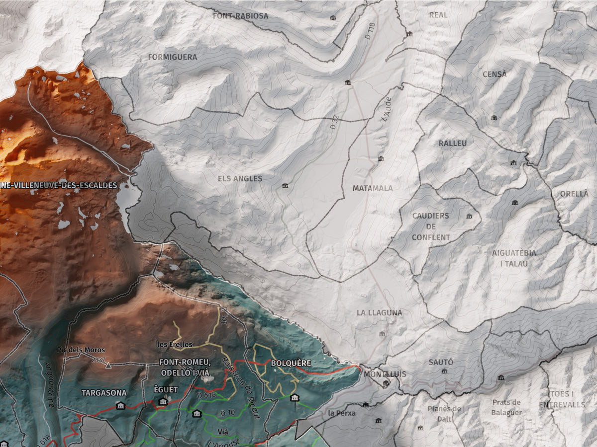 Mapa de relieve de la Alta Cerdanya, con el territorio en color y el entorno en blanco. Detalle de la zona superior derecha. 30 × 40 cm. Estilo Contrastado.