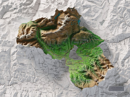 Mapa de relieve de la Alta Cerdanya, con el territorio en color y el entorno en blanco. Vista completa de la lámina. 30 × 40 cm. Estilo Clásico.