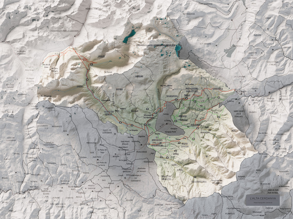 Mapa de relieve de la Alta Cerdanya, con el territorio en color y el entorno en blanco. Vista completa de la lámina. 30 × 40 cm. Estilo Cartográfico.